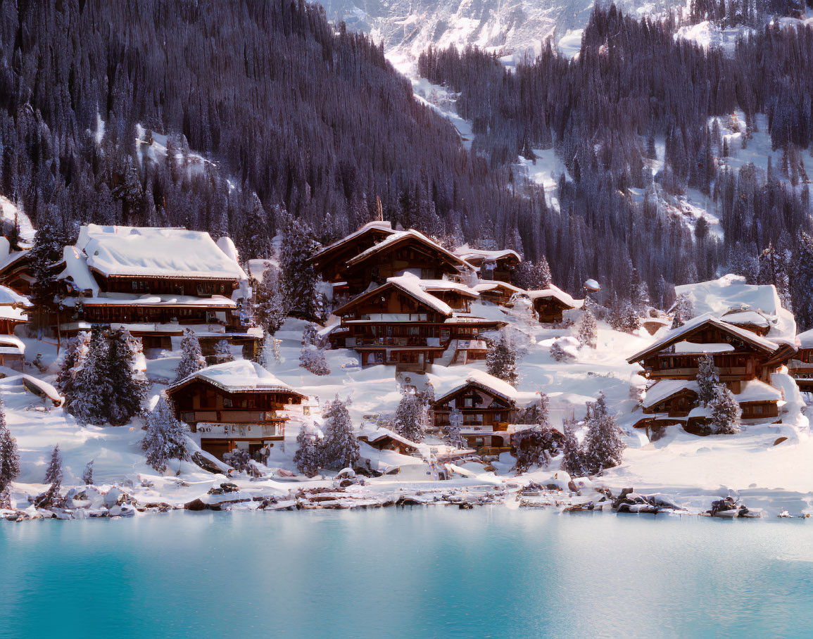 Winter scene: Chalets by snowy hillside & turquoise lake