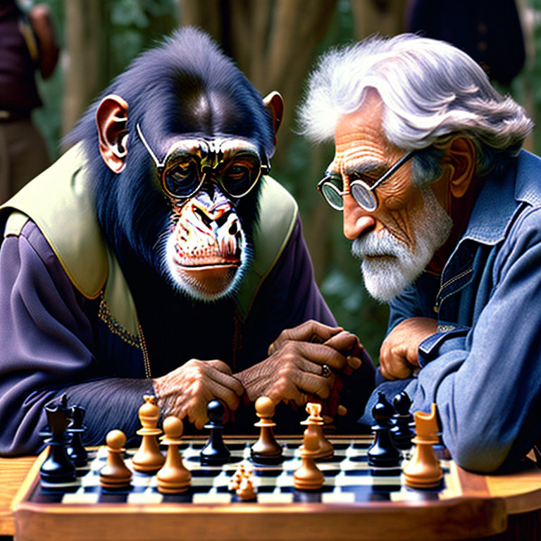 Chimpanzee and elderly man playing chess in natural setting