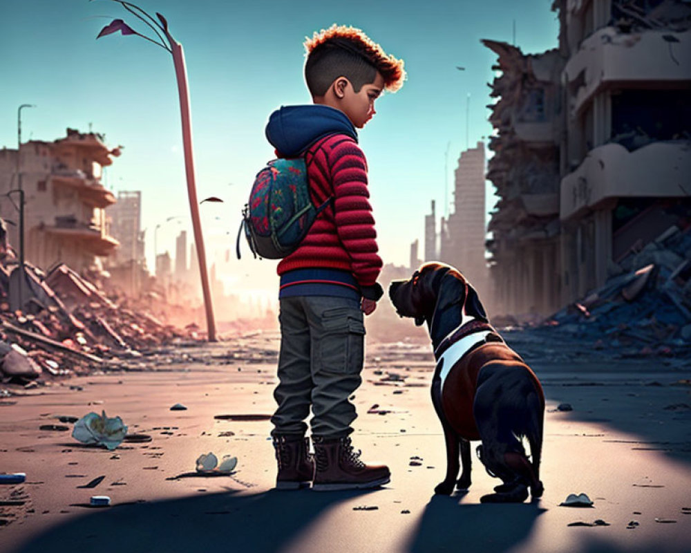 Young boy in red-striped sweater with dog in rubble under somber sky