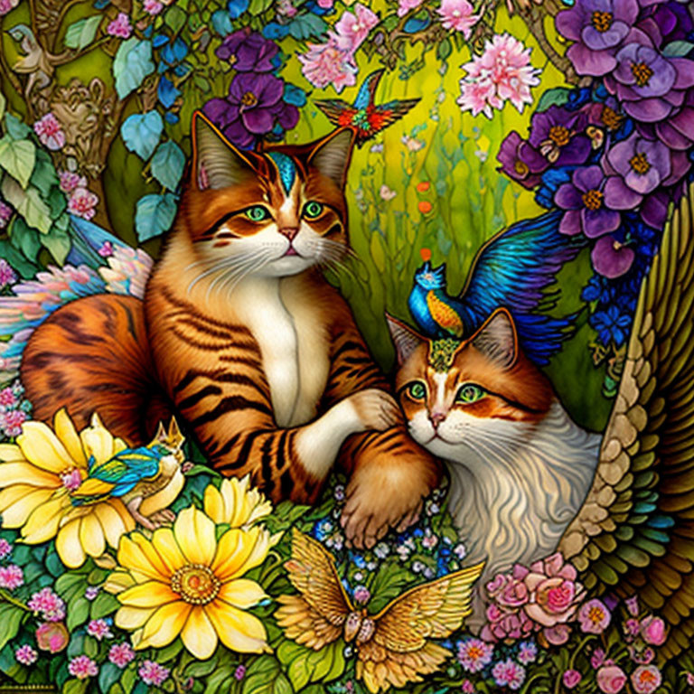 Fantasy Cats with Winged Features in Vibrant Floral Scene
