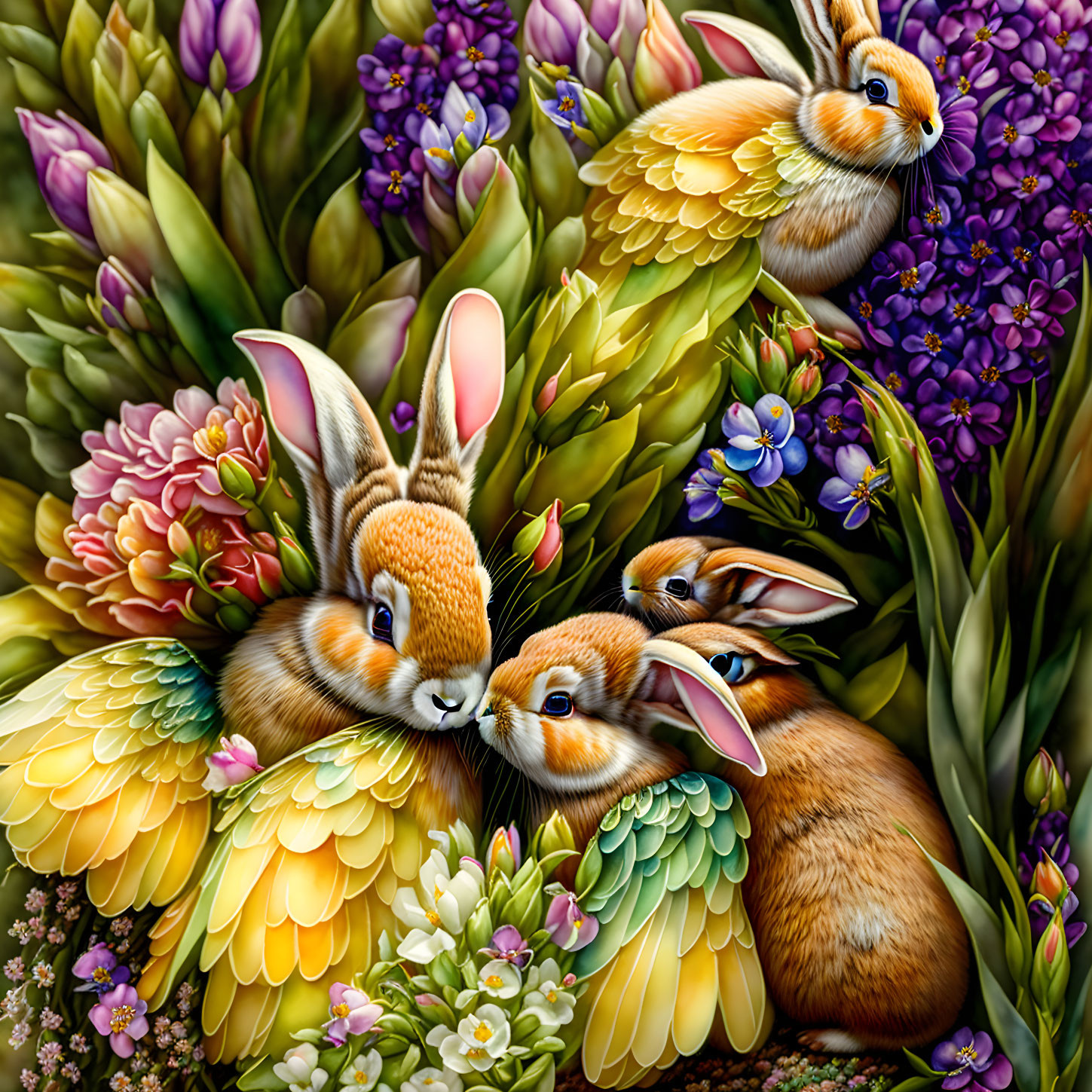 Whimsical rabbits with bird-like wings in colorful floral scene