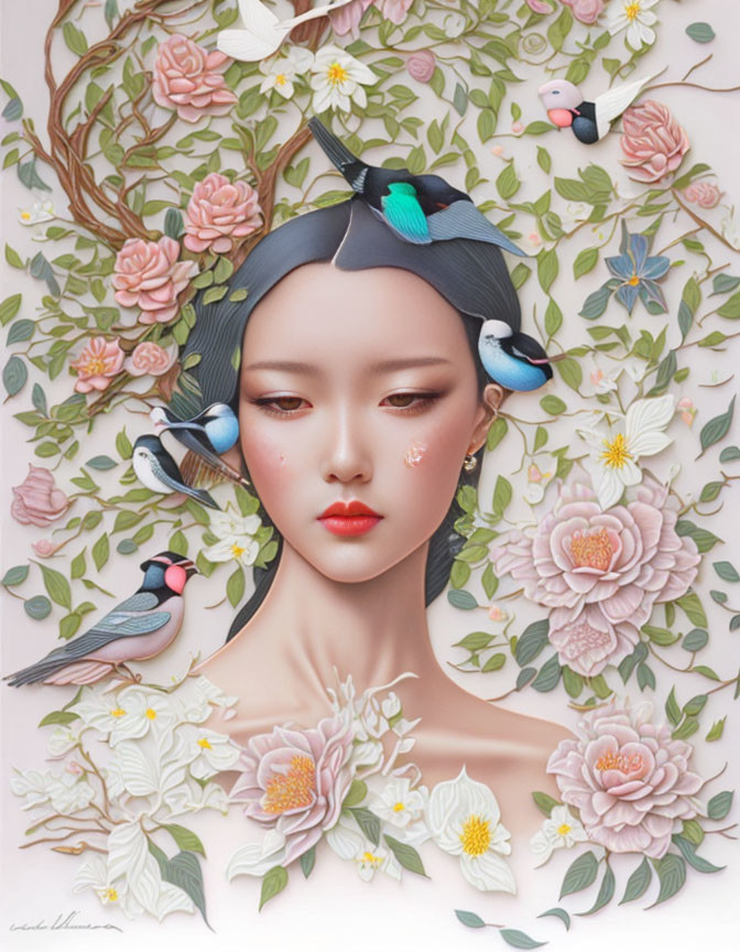 Woman in Floral Scene with Birds and Nature-Inspired Hair Accessories