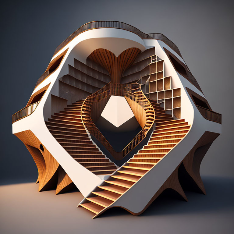 Surreal architectural structure with wooden staircases and geometric voids