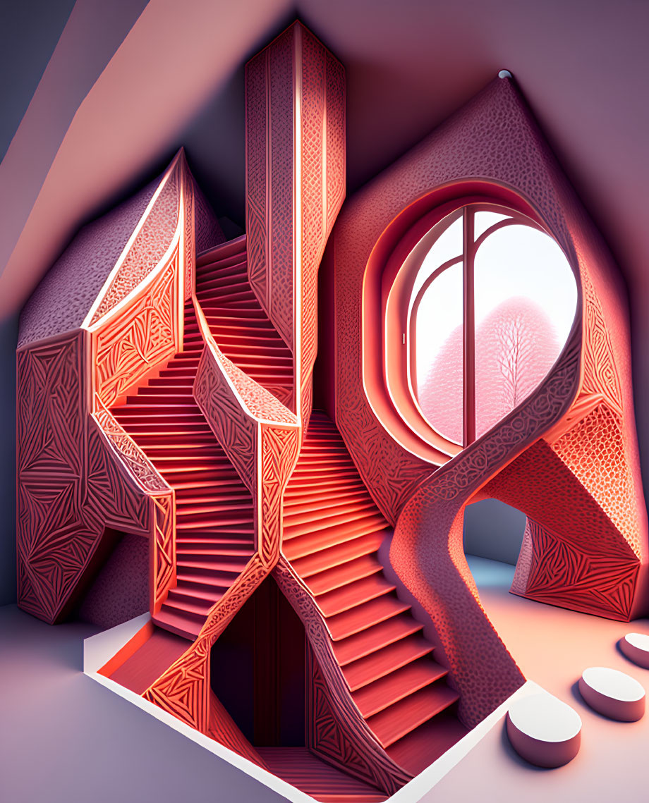 Colorful 3D surreal interior with staircase and arched window