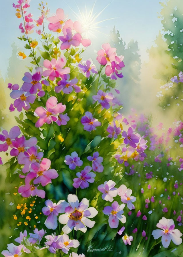 Pink Wildflowers Painting with Sunlight and Green Meadow Background