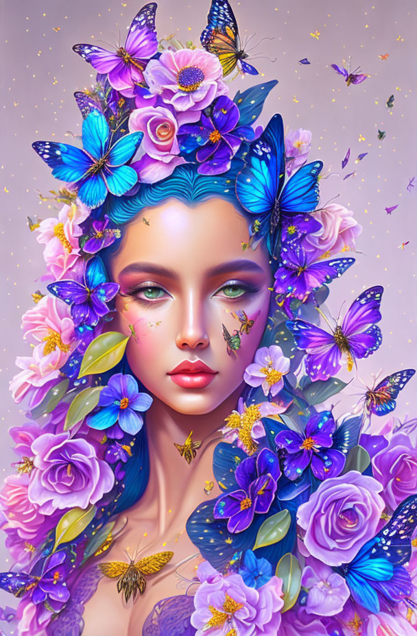 Woman with Floral and Butterfly Headdress in Vibrant Blues and Purples