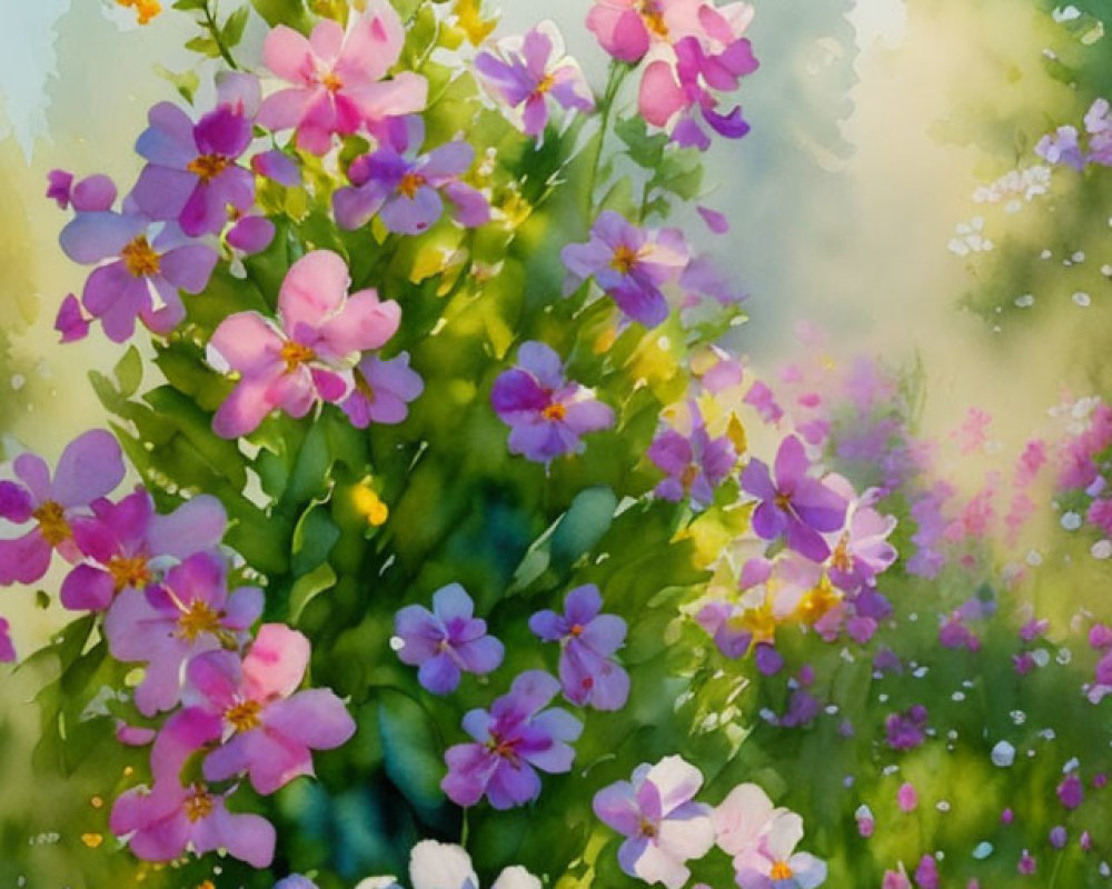 Pink Wildflowers Painting with Sunlight and Green Meadow Background