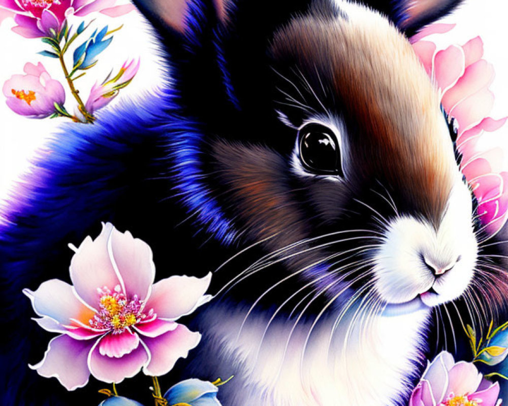 Vibrant close-up artwork of a rabbit with black and brown fur amidst pink flowers and green leaves
