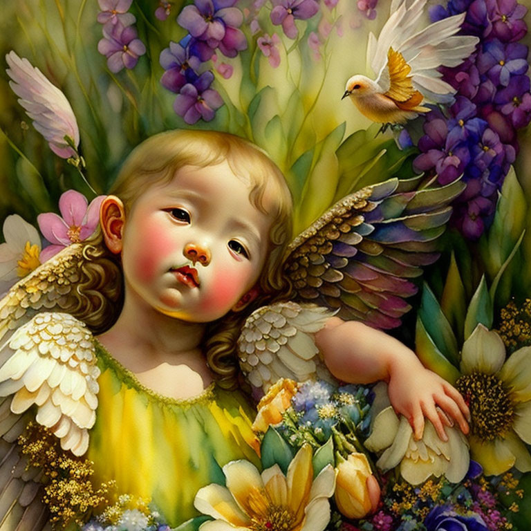 Cherubic child with angel wings in colorful floral scene
