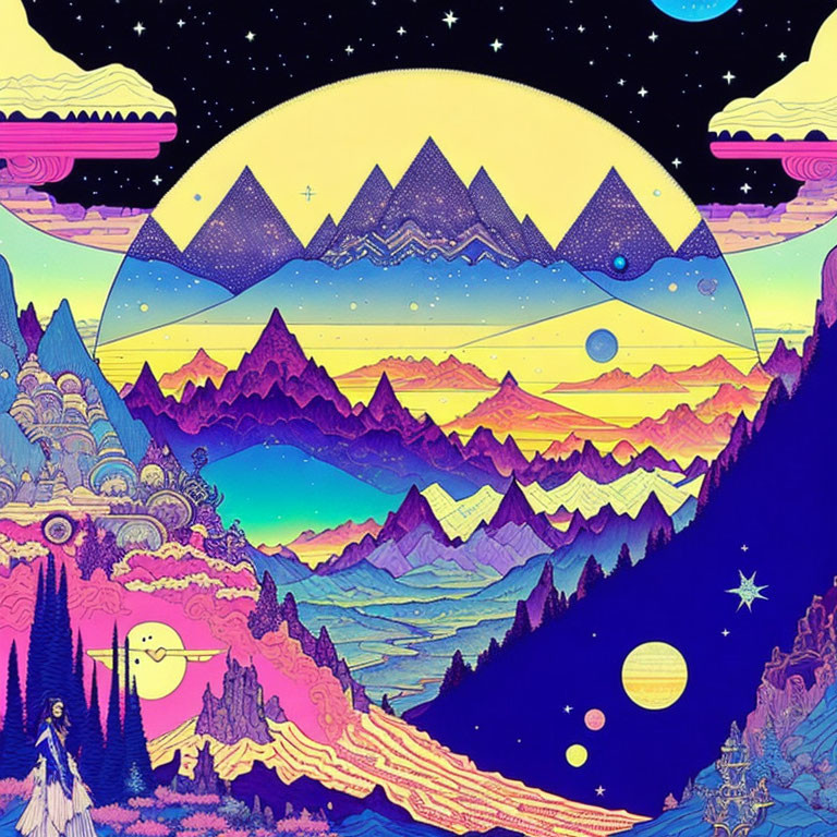 Colorful Psychedelic Landscape with Layered Mountains and Floating Islands