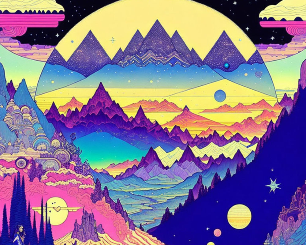Colorful Psychedelic Landscape with Layered Mountains and Floating Islands