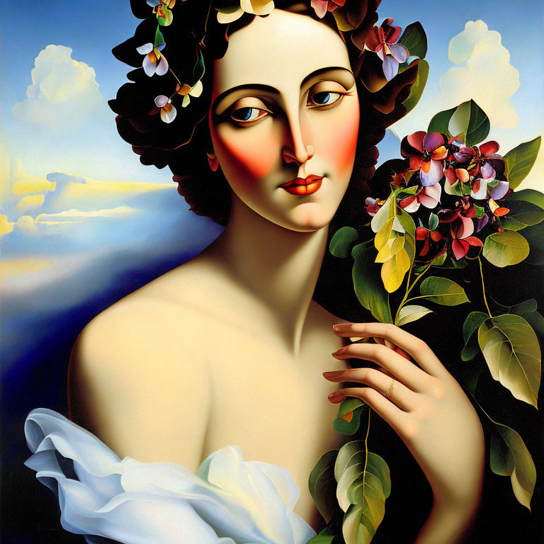 Surrealist painting of woman with stylized features and flowers, holding bouquet