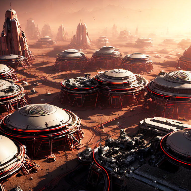 Futuristic Martian colony with dome structures in sandy landscape