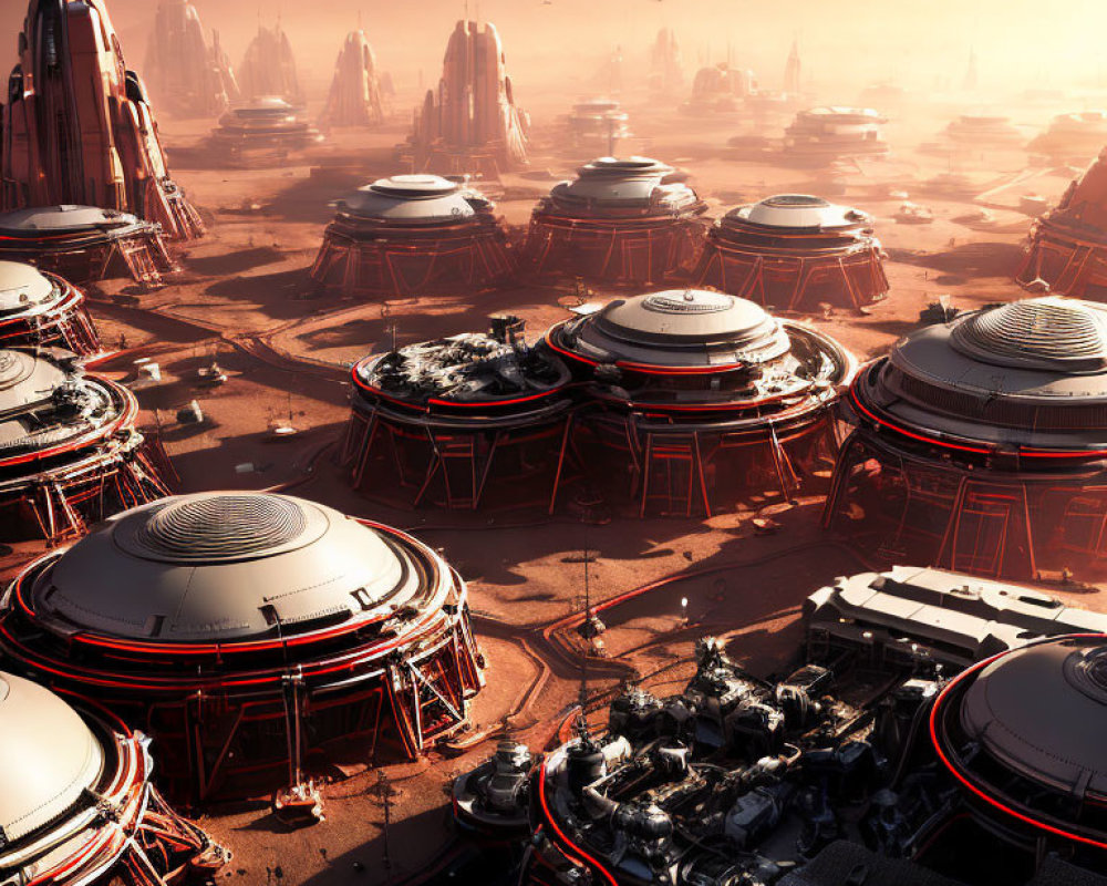 Futuristic Martian colony with dome structures in sandy landscape