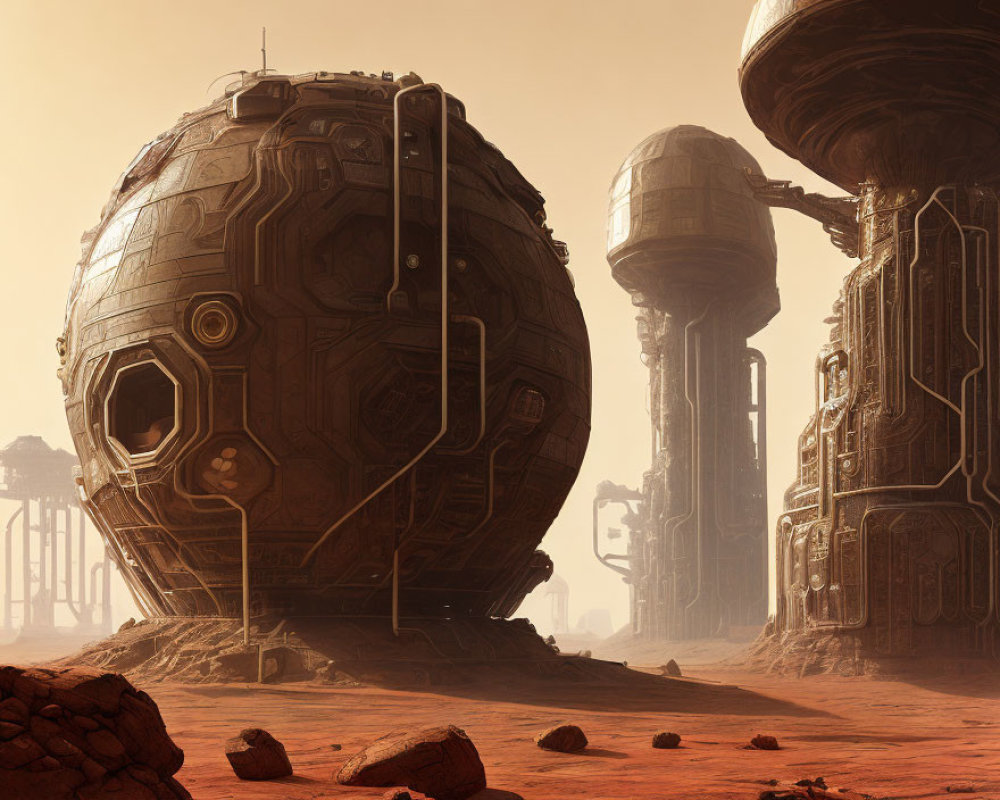 Futuristic desert landscape with large spherical structure and tall towers under reddish sky