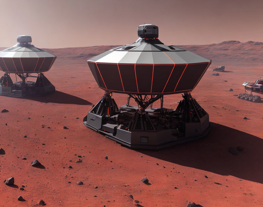 Geometric Mars Habitat Modules and Rover on Martian Surface