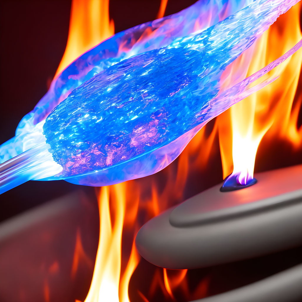 Blue icy substance on spoon heated by orange flames - striking contrast