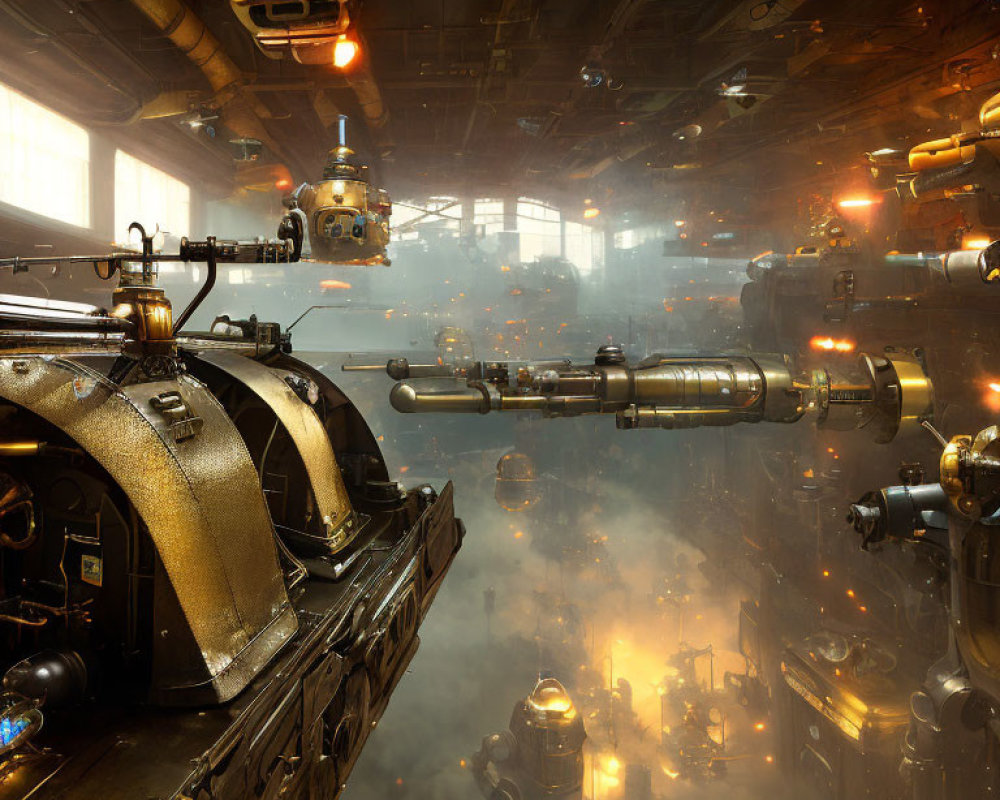 Steampunk industrial interior with pipes, machines, and glowing lights
