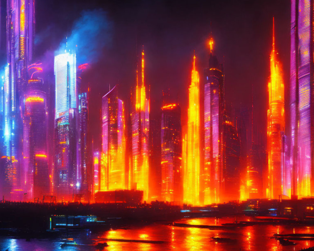 Futuristic night cityscape with neon-lit skyscrapers by a river