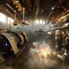 Steampunk industrial interior with pipes, machines, and glowing lights
