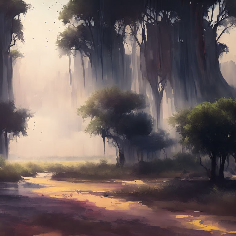 Misty forest with tall trees, sunbeams, and reflective stream