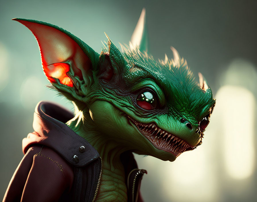 Fantasy creature with green skin and large ears in dark jacket
