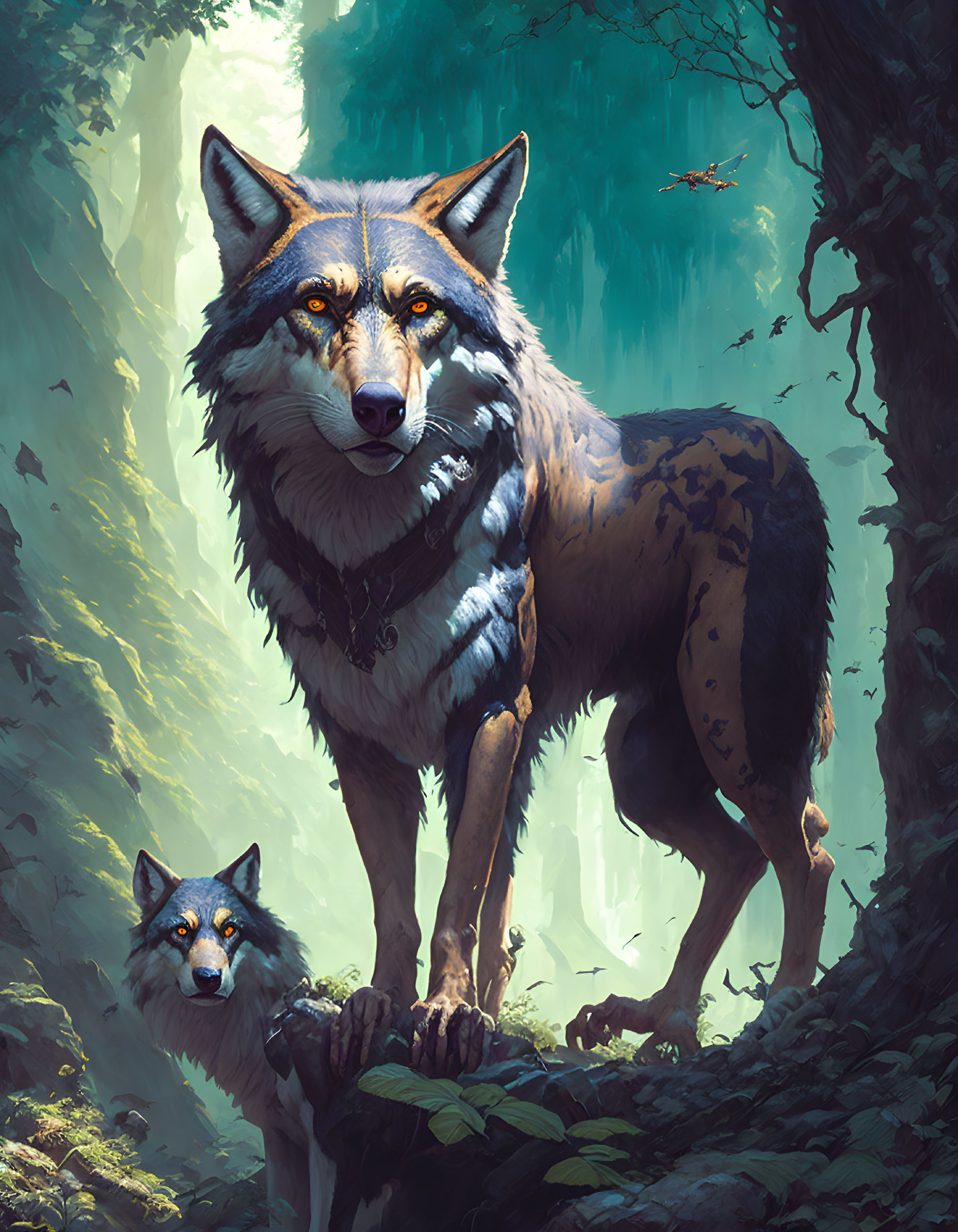 Majestic wolves in sunlit forest: digital painting