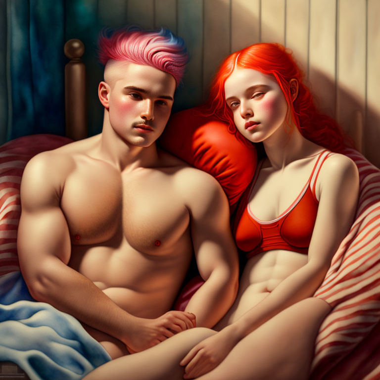 Stylized individuals with pink hair on bed with striped sheets in thoughtful pose