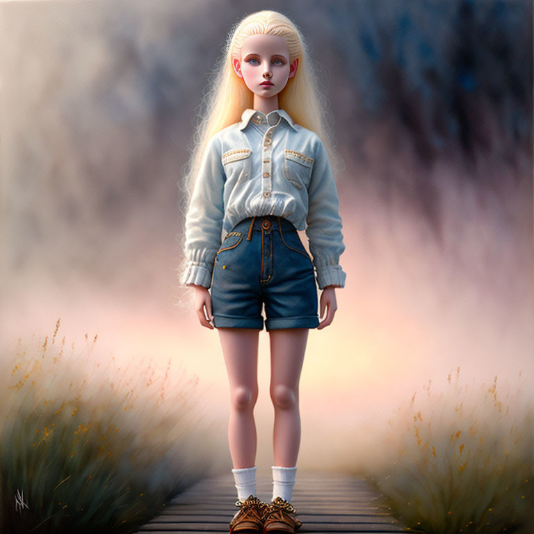 Blonde-haired doll in denim outfit on grassy pathway