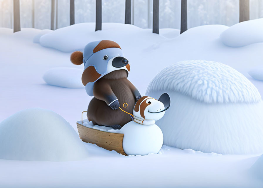 Animated image of large dog in cap and goggles on sled with smaller dog, ready for snowy adventure