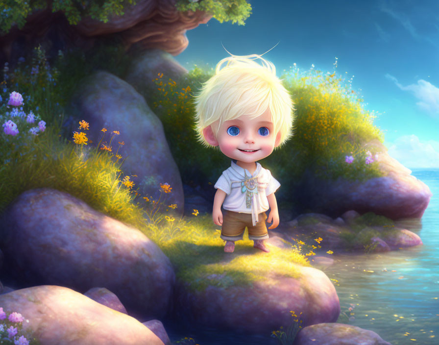 Child with angelic halo in fantasy landscape by river among rocks and flowers