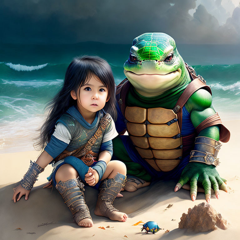 Young girl and humanoid turtle in warrior outfits on beach with stormy sea and crab.