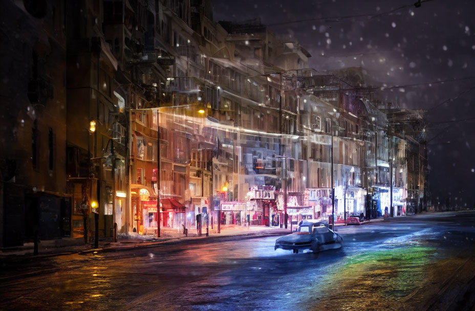 Snowy Night City Street with Colorful Reflections