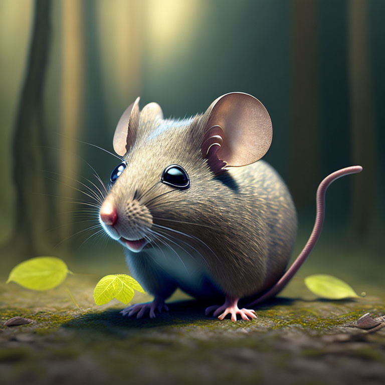 Stylized mouse with large eyes in forest setting