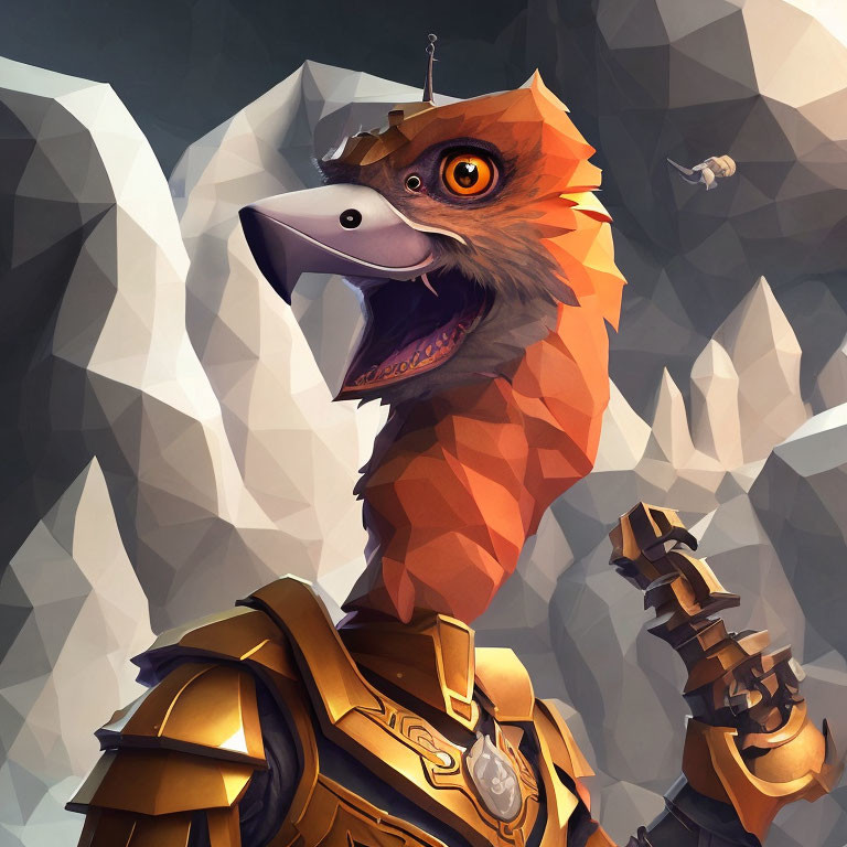 Anthropomorphic eagle character in golden armor on low-poly background