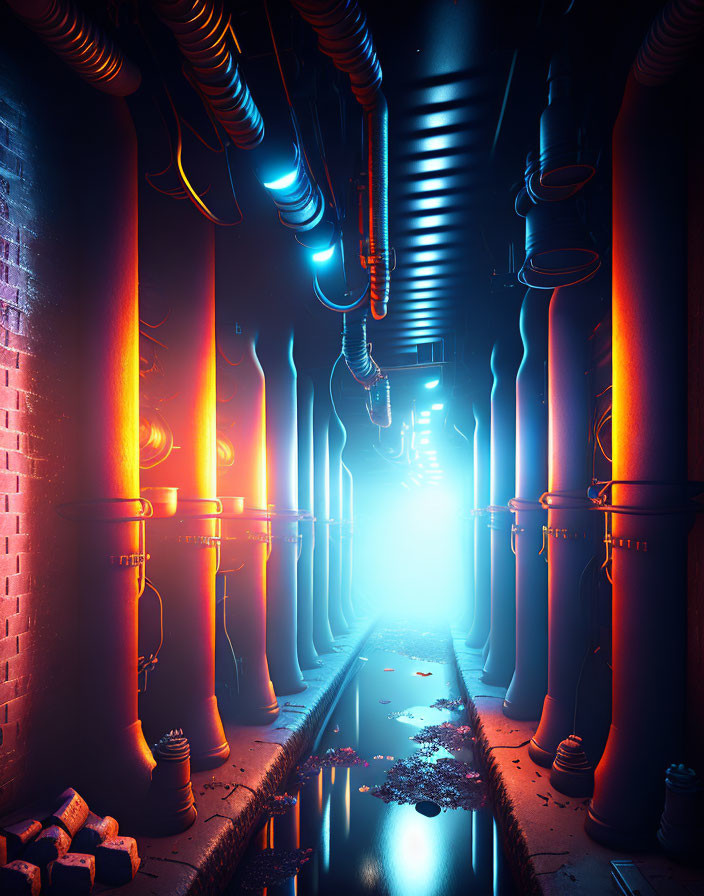 Futuristic industrial corridor with glowing lights and reflective wet floor