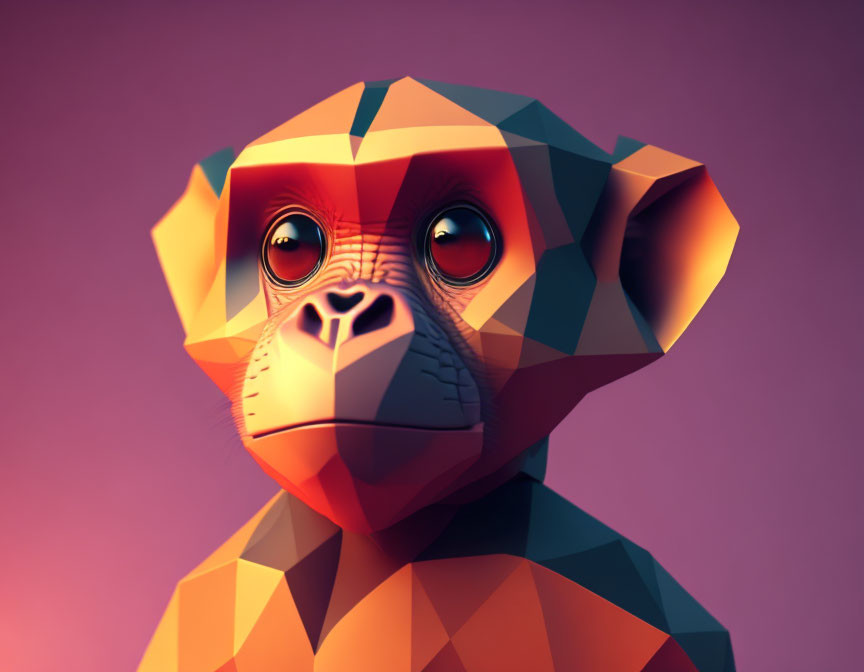 Geometric low-poly monkey artwork on pink-purple gradient background
