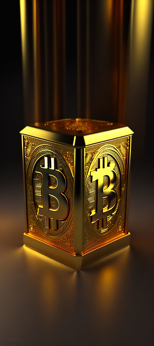 Golden lantern with Bitcoin symbols casting warm glow on dark background