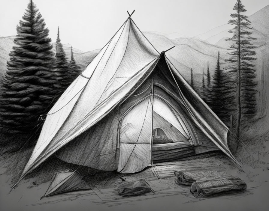 Pencil sketch of campsite with tent, sleeping bags, pine trees