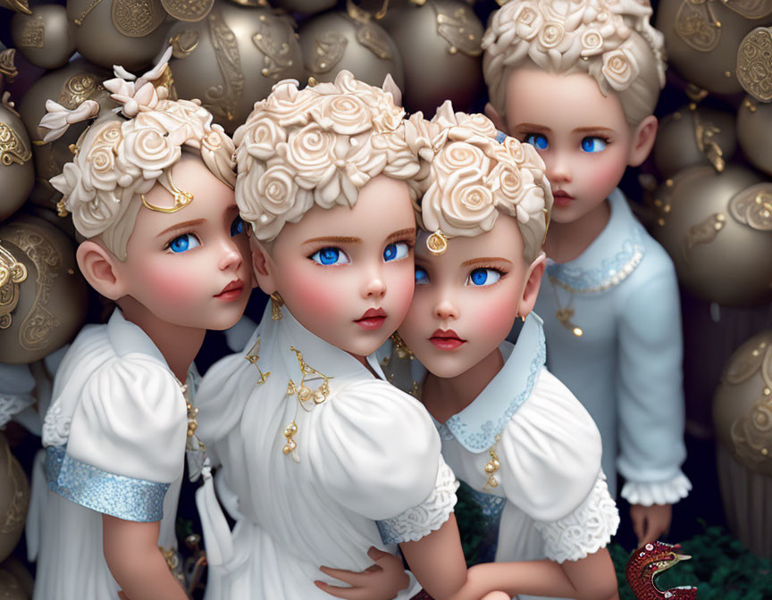 Four identical animated dolls with white floral hair decorations and blue eyes against ornate gold eggs.