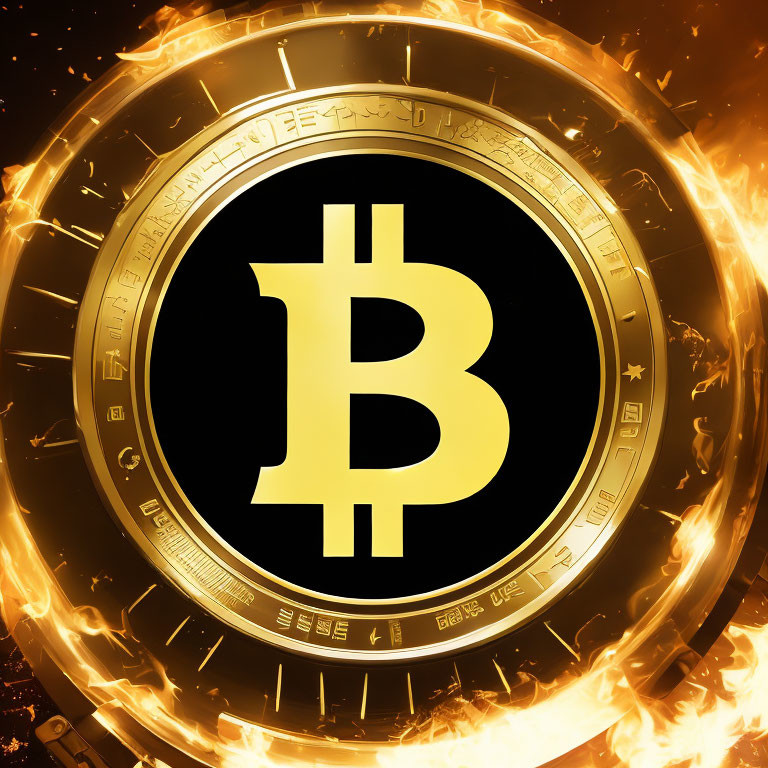 Futuristic Bitcoin symbol with fiery elements on starry backdrop
