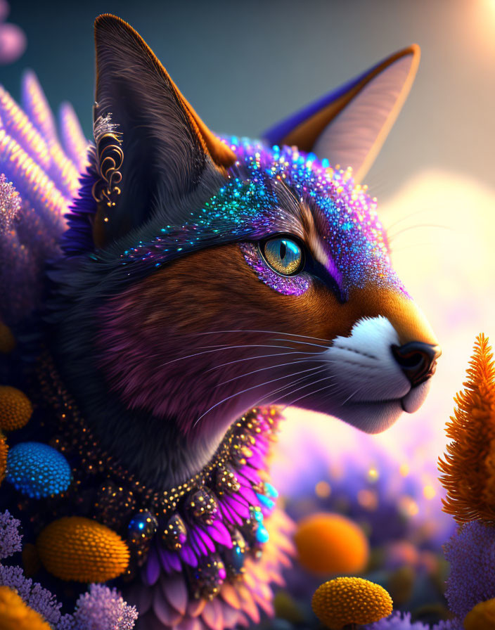 Colorful whimsical fox digital artwork with blue and purple fur and fantasy flora.