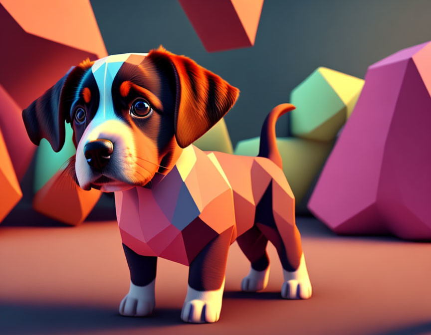 Colorful 3D illustration of beagle puppy with geometric patterns on multicolored low-poly