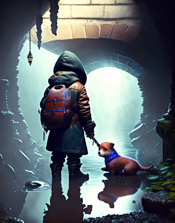 Hooded figure with glowing dog in flooded tunnel