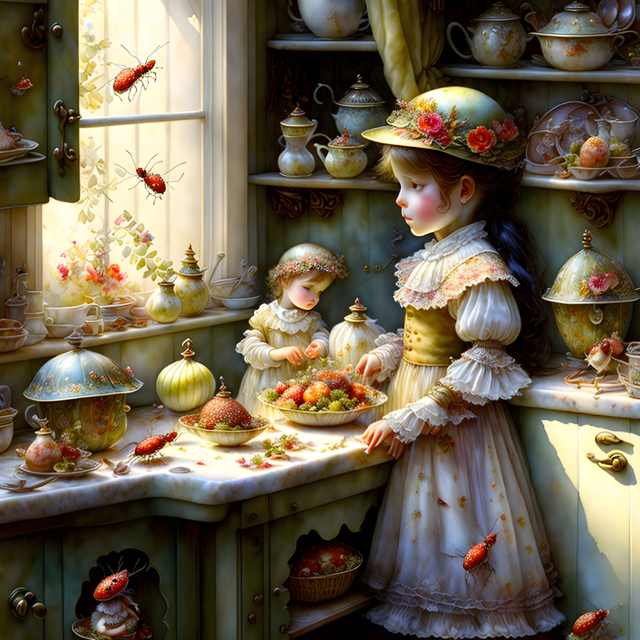 Stylized children in vintage attire with colorful strawberries in whimsical kitchen
