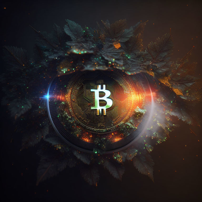 Bitcoin symbol surrounded by digital leaves on dark background