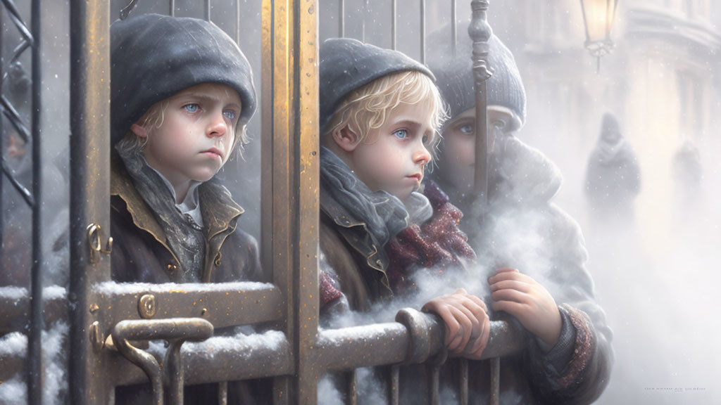 Two Children Leaning on Gate in Winter Scene