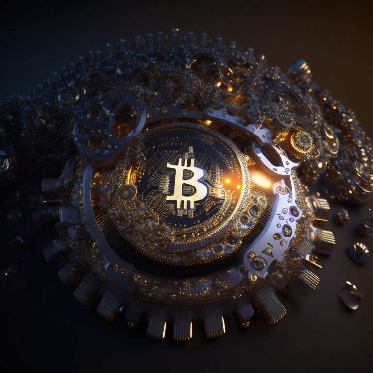 Detailed Illuminated Mechanical Watch with Bitcoin Symbol Among Gears