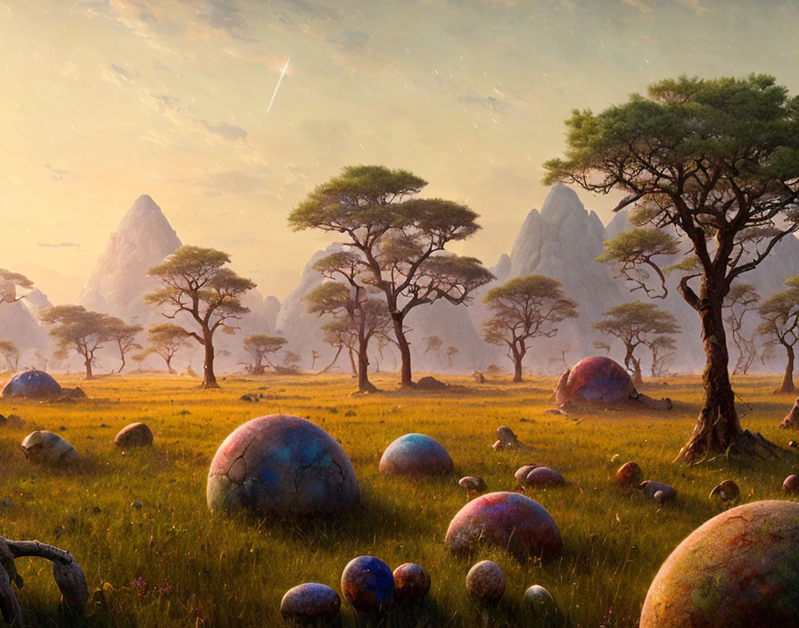 Colorful Spheres in Field with Mountains and Trees