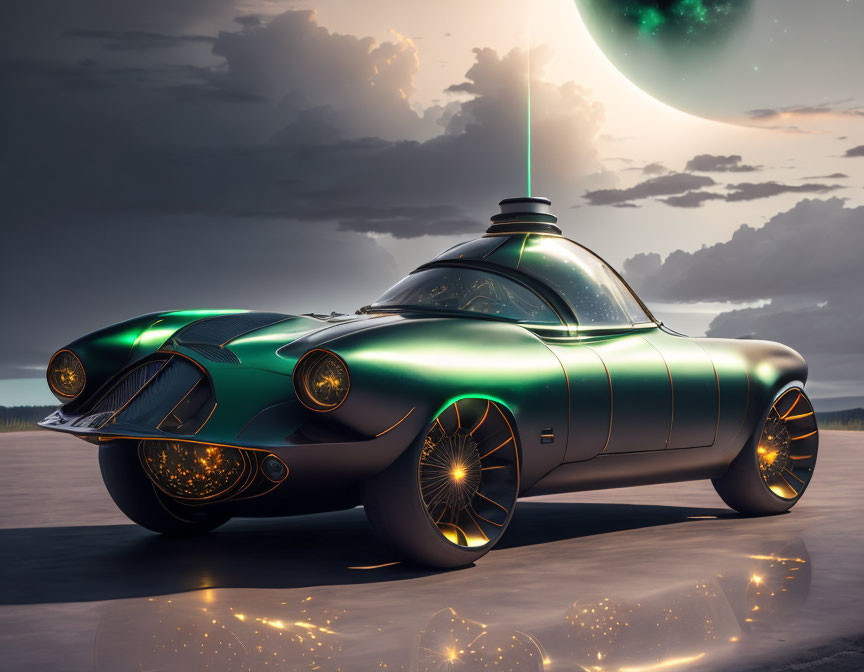 Futuristic green car with luminous wheels under dramatic dusk sky
